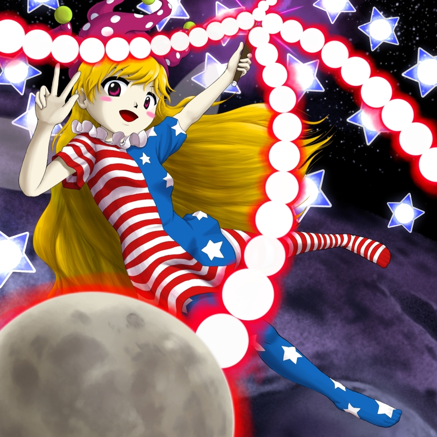 1girl, american_flag_dress, american_flag_legwear, blonde_hair, blush_stickers, clownpiece, collar, fairy