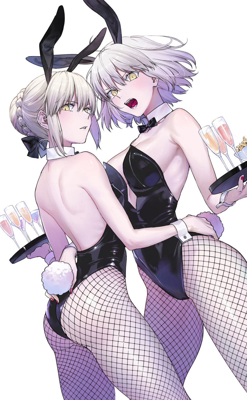 2girls, absurdres, animal_ears, arm_around_another's_waist, artoria_pendragon_(fate), ass, back, backless_leotard, bare_arms, bare_shoulders, black_bow, black_legwear, black_leotard, black_neckwear, blonde_hair, blush, bow, bowtie, breasts, champagne_flute, cleavage, cup, detached_collar, drinking_glass, dutch_angle, fake_animal_ears, fake_tail, fate/grand_order, fate_(series), fishnet_legwear, fishnets, hair_bow, hair_bun, highres, holding, holding_tray, jeanne_d'arc_(fate), jeanne_d'arc_alter_(avenger)_(fate), jeanne_d'arc_alter_(fate), leotard, looking_at_viewer, looking_back, medium_breasts, multiple_girls, nail_polish, nipi27, open_mouth, pantyhose, parted_lips, playboy_bunny, rabbit_ears, rabbit_tail, red_nails, saber_alter, short_hair, silver_hair, simple_background, single_hair_bun, strapless, strapless_leotard, tail, thighs, tray, v-shaped_eyebrows, white_background, wrist_cuffs