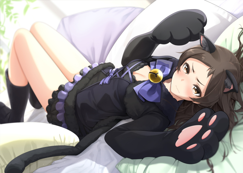 1girl, animal_ear_fluff, animal_ears, animal_hands, ankle_boots, bed, bell, black_boots