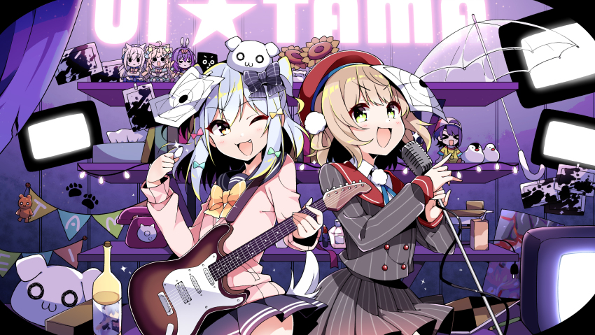 1boy, 5girls, arato_asato, character_doll, character_request, commentary_request, doll, electric_guitar