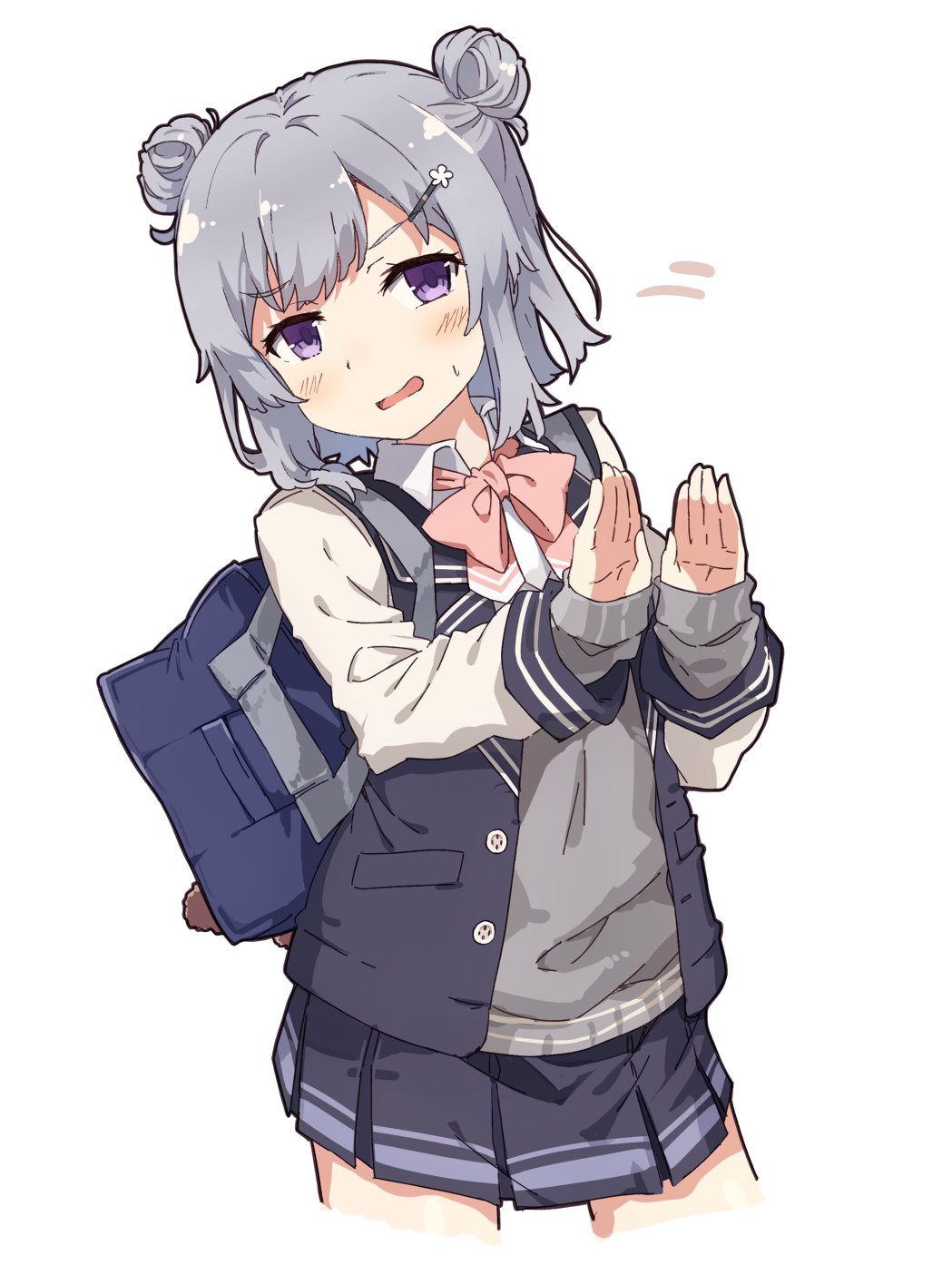 1girl, ascot, bag, blazer, blue_jacket, blue_skirt, blush, bow