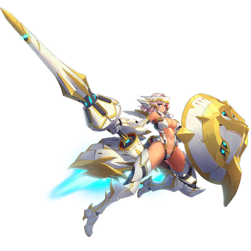 1girl, armor, blue_eyes, boots, breasts, cleavage, clothing_cutout, detached_collar