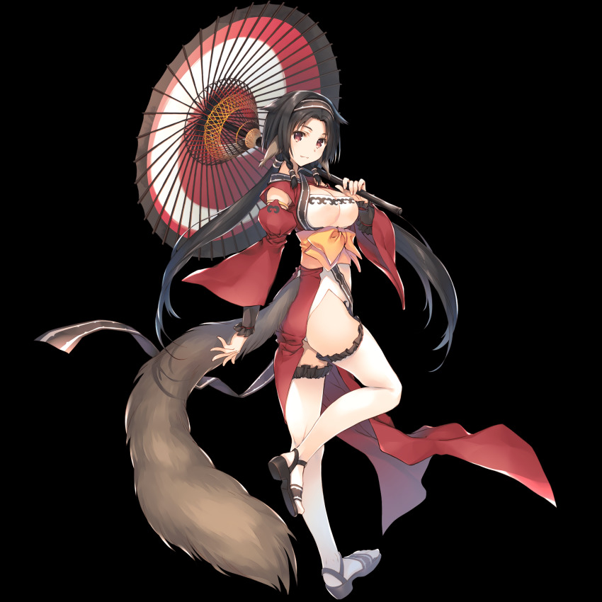 1girl, animal_ears, black_hair, breasts, carrying_over_shoulder, cleavage, closed_mouth, detached_sleeves