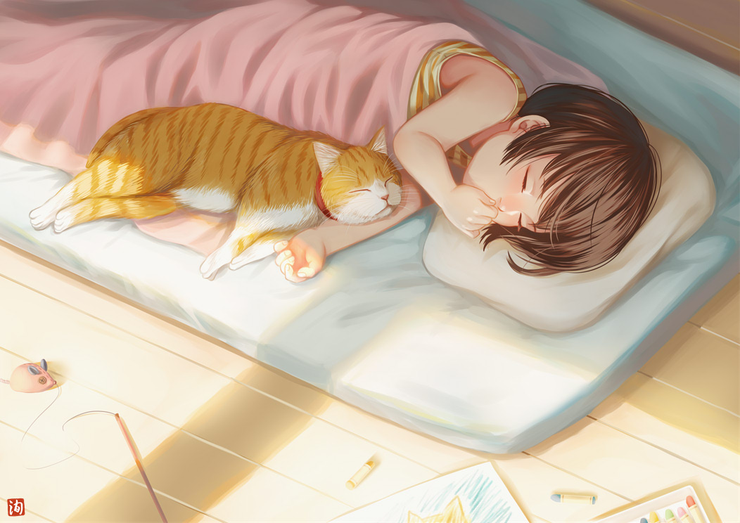 1girl, blush, brown_hair, cat, child, closed_eyes, covering_own_mouth, crayon, june_mina, original, paper, pillow, shadow, short_hair, sleeping, solo, under_covers