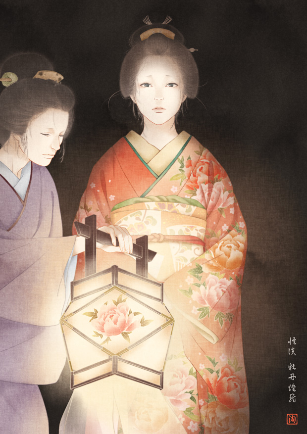 2girls, black_background, black_eyes, floral_print, flower, japanese_clothes, june_mina, kimono