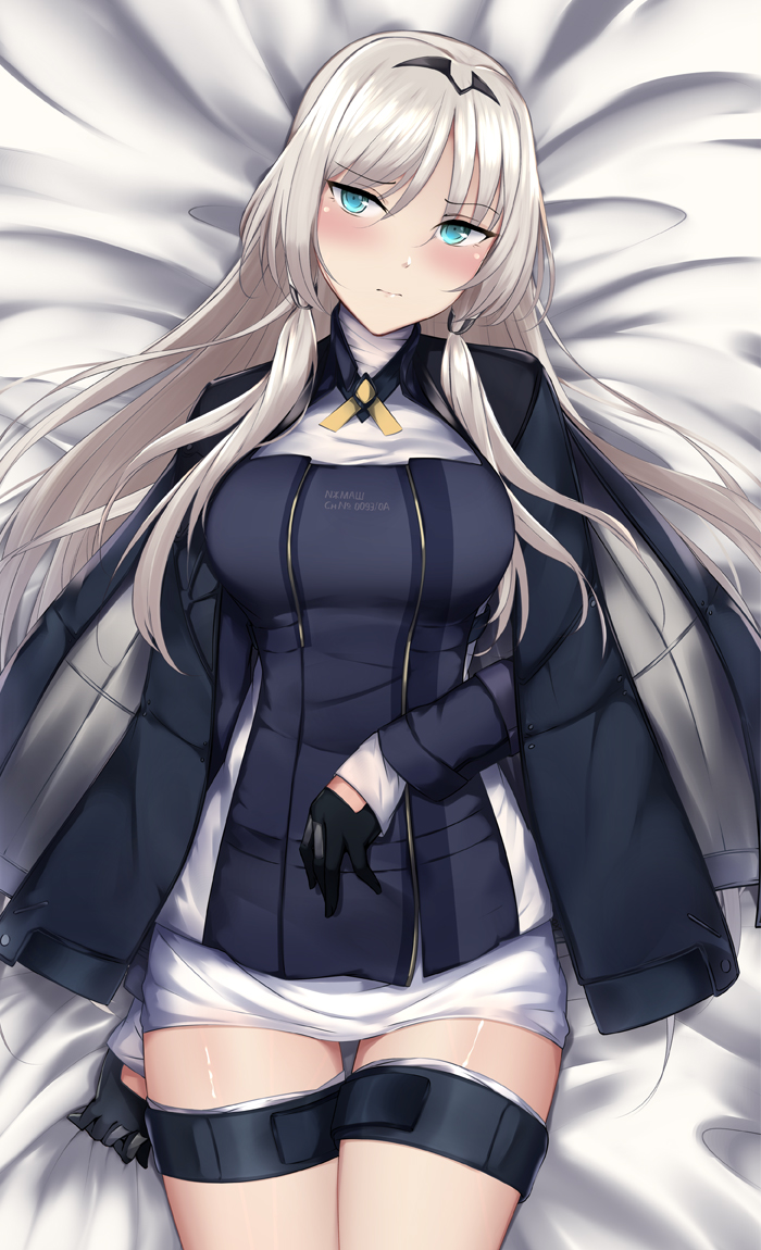 1girl, alternate_breast_size, an-94_(girls'_frontline), aqua_eyes, black_coat, black_gloves, black_sweater, blush