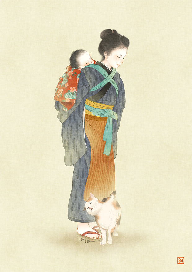 1girl, baby, black_hair, blue_kimono, blush, cat, closed_eyes, full_body, japanese_clothes, june_mina, kimono, mother_and_child, nihongami, original, parent_and_child, print_kimono, sandals, short_hair, simple_background, smile, standing, tan_background