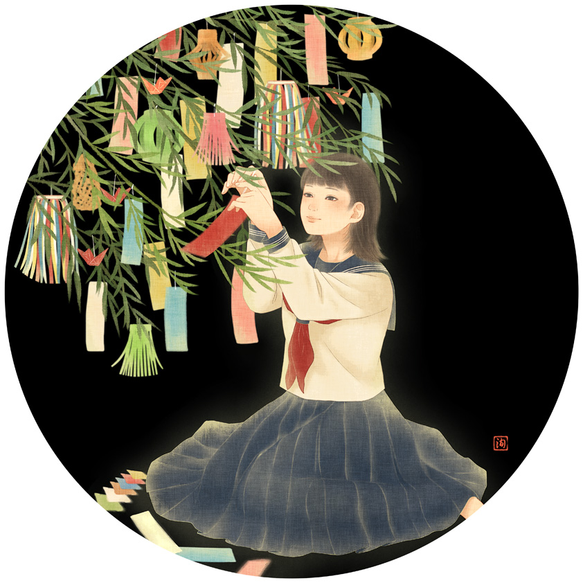 1girl, black_background, black_hair, black_skirt, blue_sailor_collar, blunt_bangs, blush, branch