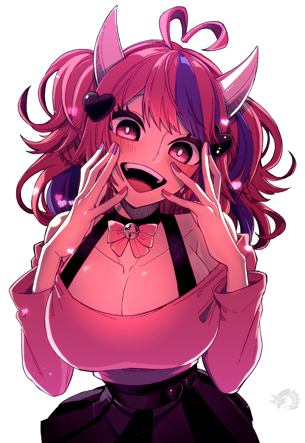 1girl, ahoge, black_skirt, breasts, choker, cleavage, commission, hair_ornament, hairclip, hands_on_own_cheeks, hands_on_own_face, heart, heart_ahoge, highres, horns, hoshi_mitsuru, indie_virtual_youtuber, ironmouse, ironmouse_(1st_costume), large_breasts, long_sleeves, looking_at_viewer, medium_hair, multicolored_hair, nail_polish, off-shoulder_shirt, off_shoulder, open_mouth, pink_eyes, pink_hair, pink_shirt, pleated_skirt, shirt, skeb_commission, skirt, smile, solo, streaked_hair, teeth, two-tone_hair, two_side_up, upper_body, virtual_youtuber, watermark, white_background