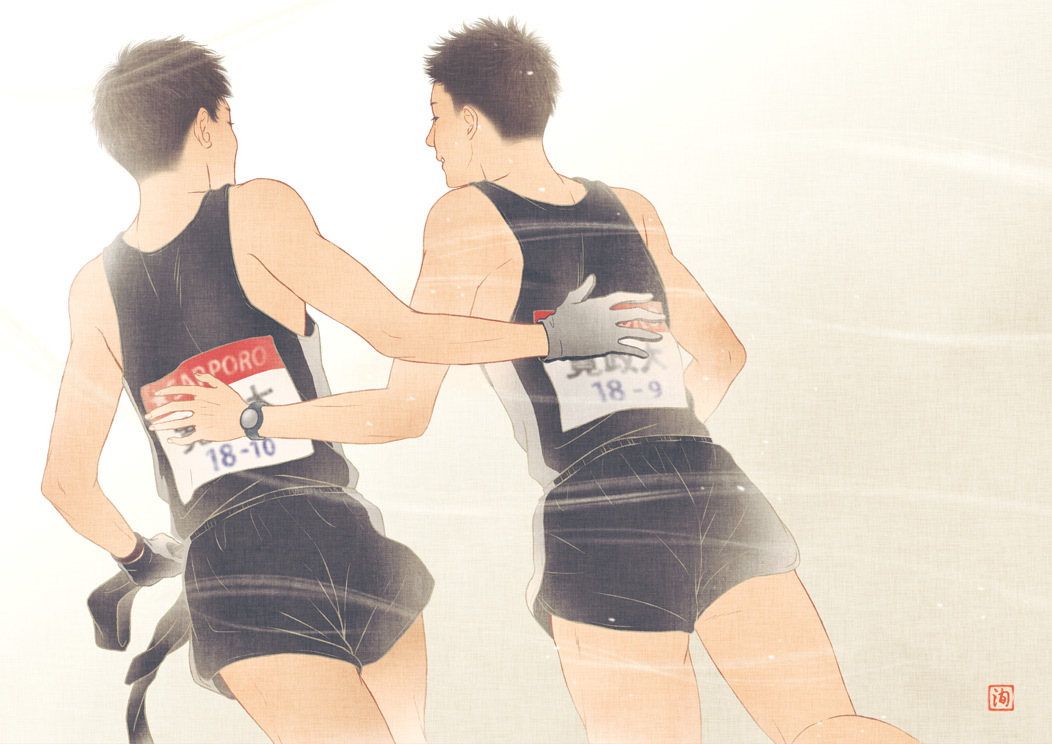 2boys, black_hair, black_shorts, cowboy_shot, from_behind, from_below, gloves, haiji_kiyose