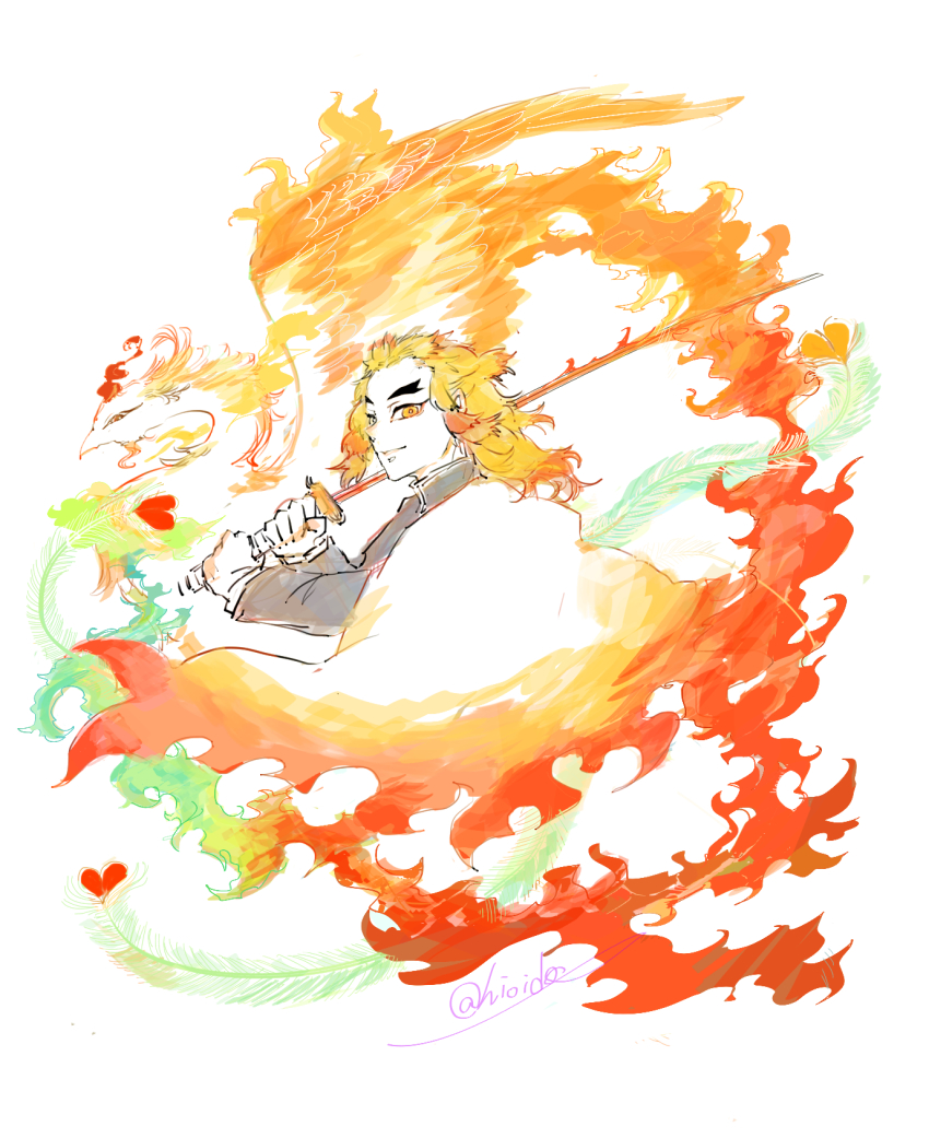 1boy, fire, flaming_sword, flaming_weapon, forked_eyebrows, highres, holding, holding_sword, holding_weapon, kimetsu_no_yaiba, long_hair, long_sleeves, looking_at_viewer, male_focus, orange_eyes, orange_hair, rengoku_kyoujurou, solo, sword, tyako2136, upper_body, weapon