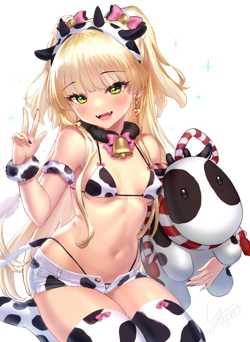 1girl, :d, animal_ears, animal_print, artist_name, bell, black_nails, blonde_hair, blush, bow, bowtie, breasts, cow_ears, cow_horns, cow_print, cowbell, earrings, fake_animal_ears, fake_horns, fangs, fur_trim, green_eyes, hand_up, heart, heart_earrings, holding, holding_stuffed_toy, horns, idolmaster, idolmaster_cinderella_girls, jewelry, jougasaki_rika, long_hair, looking_at_viewer, nail_polish, navel, open_mouth, pink_hair, short_shorts, shorts, simple_background, sitting, small_breasts, smile, solo, stuffed_animal, stuffed_cow, stuffed_toy, thighhighs, thighs, two_side_up, w, wariza, white_background, white_shorts, white_thighhighs, yapo_(croquis_side)