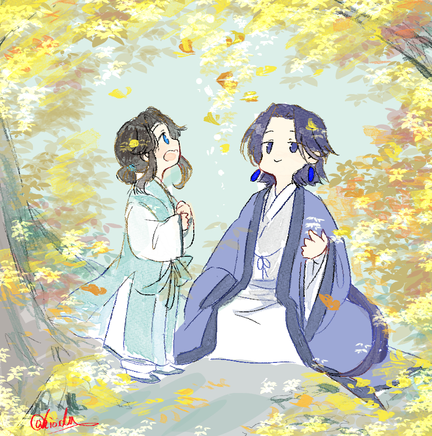 2boys, black_footwear, black_hair, blue_eyes, earrings, jewelry, laojun_(the_legend_of_luo_xiaohei), leaf, li_qingning_(the_legend_of_luo_xiaohei), long_sleeves, multiple_boys, profile, short_hair, signature, sitting, luo_xiaohei_zhanji, tree, tyako2136, wide_sleeves