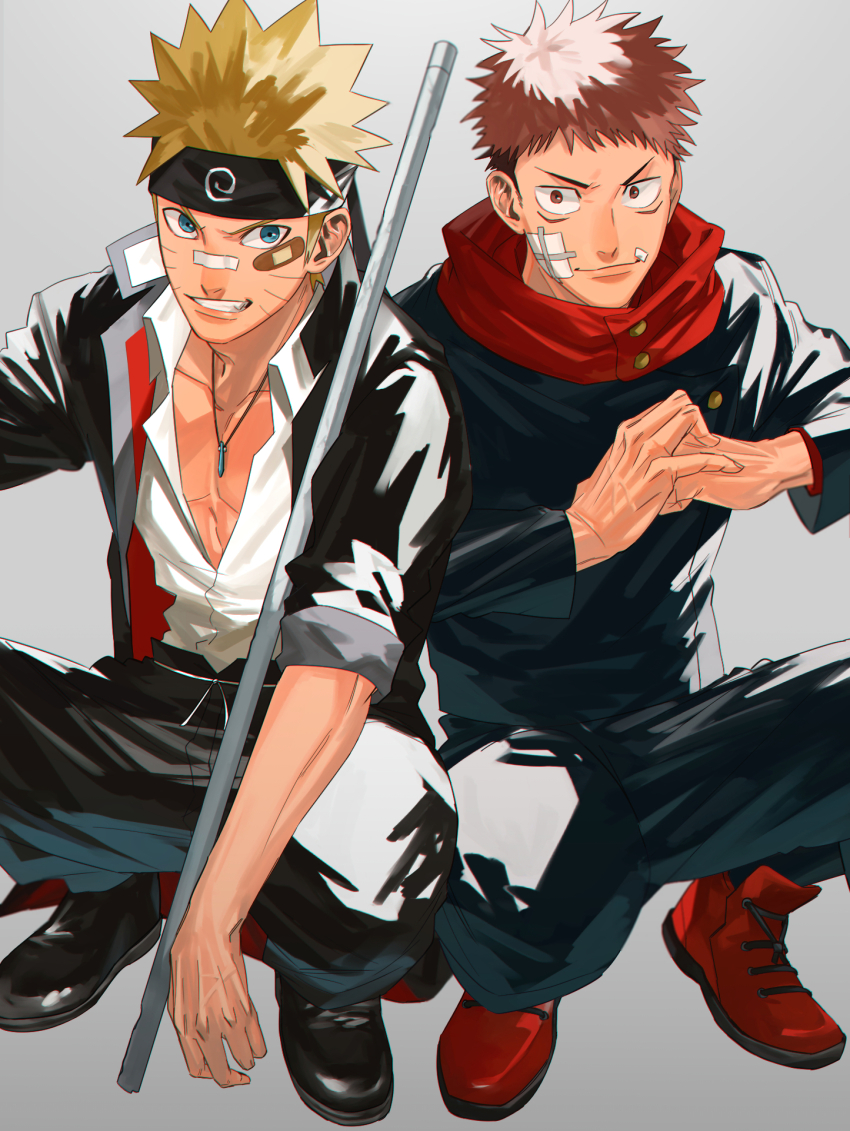 2boys, bandaid, bandaid_on_face, bandaid_on_nose, black_footwear, black_headband, black_jacket, black_pants, blonde_hair, blue_eyes, brown_eyes, brown_hair, closed_mouth, collared_shirt, crossover, facial_mark, fist_in_hand, full_body, gakuran, grey_background, grin, headband, highres, hood, hood_down, hoodie, itadori_yuji, jacket, jewelry, jujutsu_kaisen, long_sleeves, looking_at_viewer, pectoral_cleavage, male_focus, mirin_(coene65), multiple_boys, naruto_(series), naruto_shippuuden, necklace, open_clothes, open_shirt, pants, pectorals, red_footwear, red_hoodie, school_uniform, shirt, shoes, short_hair, simple_background, sleeves_rolled_up, smile, spiked_hair, squatting, undercut, uzumaki_naruto, v-shaped_eyebrows, whisker_markings, white_shirt