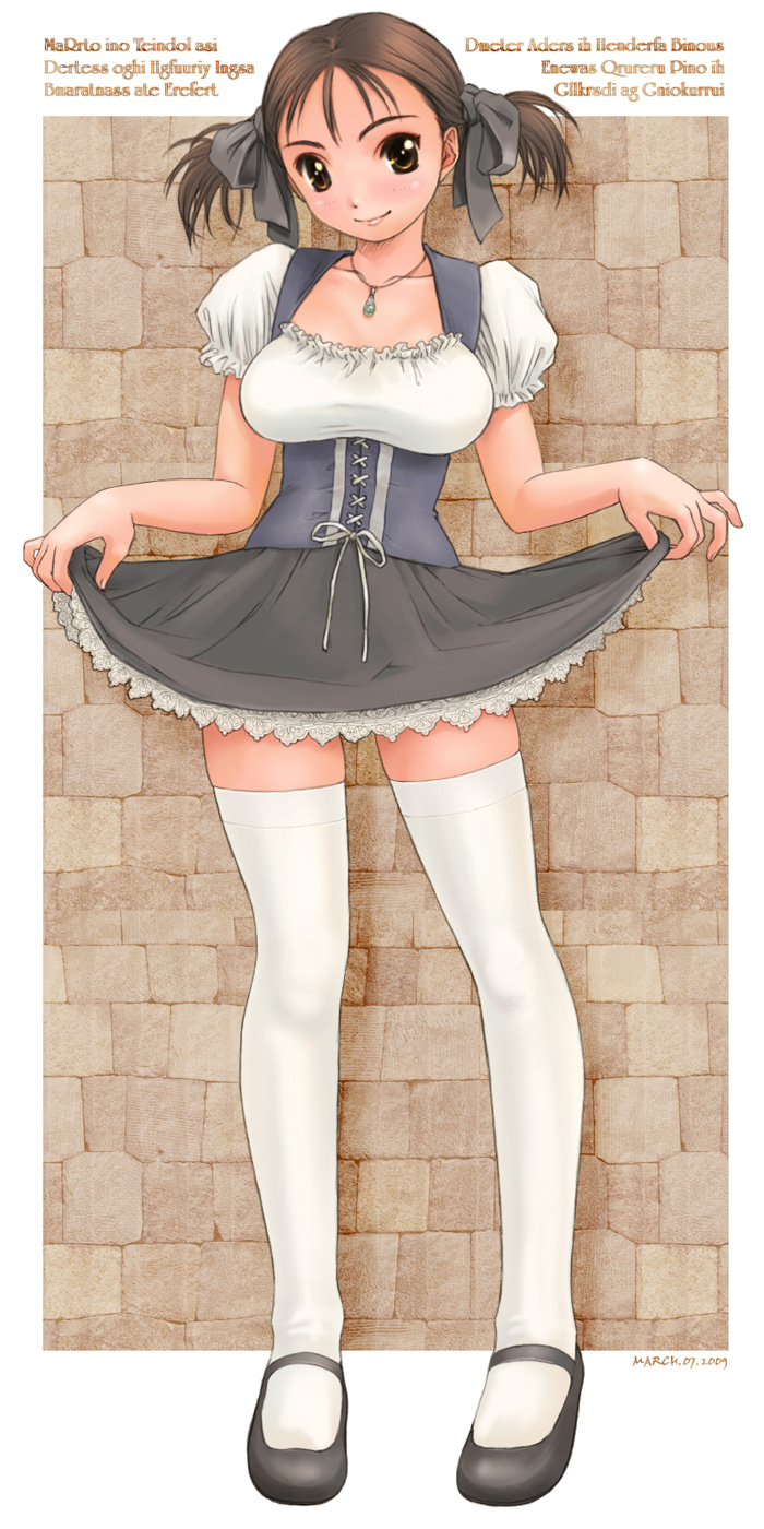 1girl, bad_id, bad_pixiv_id, brown_eyes, brown_hair, collarbone, corset, dress