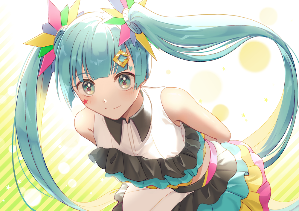 1girl, aqua_eyes, arms_behind_back, bent_over, blue_hair, collared_shirt, diagonal_stripes, dress_shirt