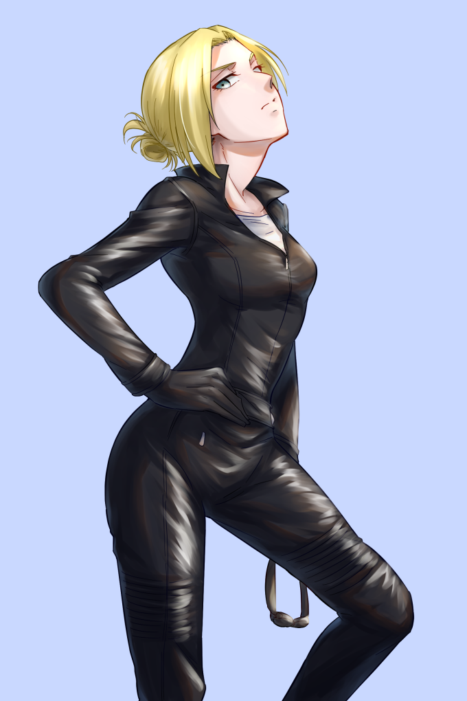 1girl, alternate_costume, annie_leonhart, aquiline_nose, black_jacket, black_pants, blonde_hair, blue_background