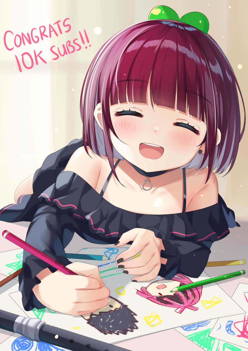 1girl, absurdres, black_dress, blunt_bangs, choker, closed_eyes, colored_pencil, congratulations