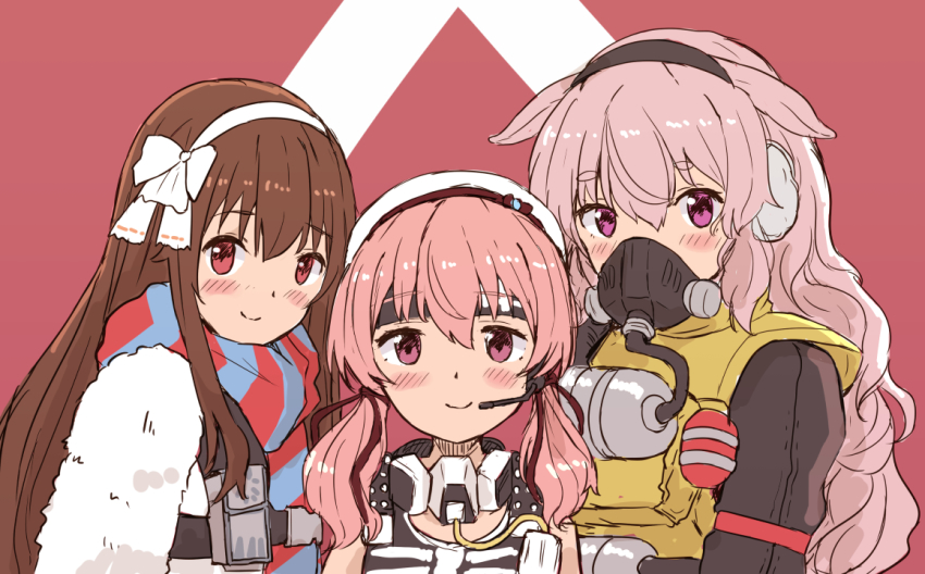 .live, 3girls, apex_legends, beret, blush, brown_hair, brudda_bear_gibraltar, commentary_request