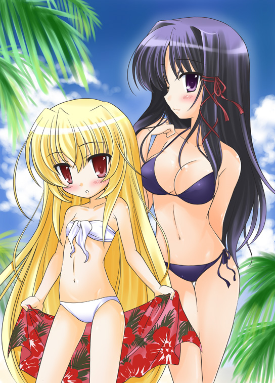 2girls, adjusting_hair, age_difference, aomasa, aona_masao, arm_behind_back, bandeau, bikini