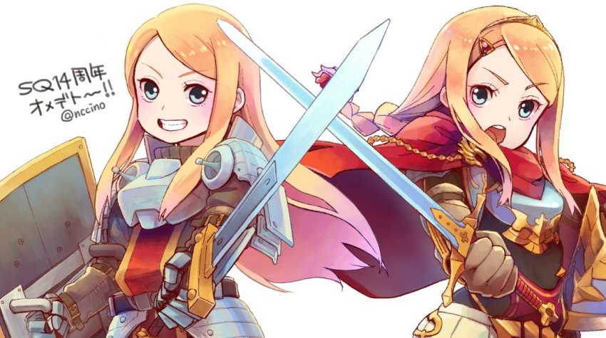 :o, armor, blonde_hair, blue_eyes, cosplay, crossed_swords, etrian_odyssey, gauntlets