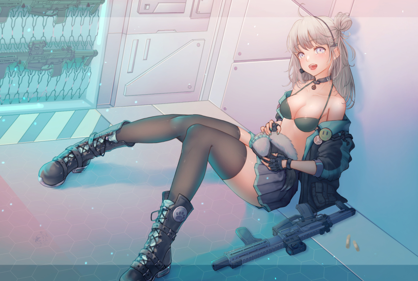 .300_aac_blackout, 1girl, aac_honey_badger, advanced_armament_corporation, ahoge, ammunition, animal, assault_rifle