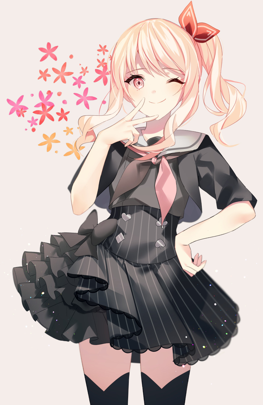 1girl, absurdres, akiyama_mizuki, asymmetrical_clothes, asymmetrical_hair, black_skirt, black_thighhighs, blonde_hair, bow, buttons, closed_mouth, club_(shape), club_button, clubs, cowboy_shot, curly_hair, diamond_button, flower, frilled_skirt, frills, grey_neckerchief, hair_bow, hand_on_own_hip, heart_button, highres, looking_at_viewer, medium_hair, multicolored_neckwear, neckerchief, one_eye_closed, pink_eyes, pink_neckerchief, project_sekai, sailor_collar, side_ponytail, skirt, smile, solo, spade_button, thighhighs, v, yuhi_(hssh_6)