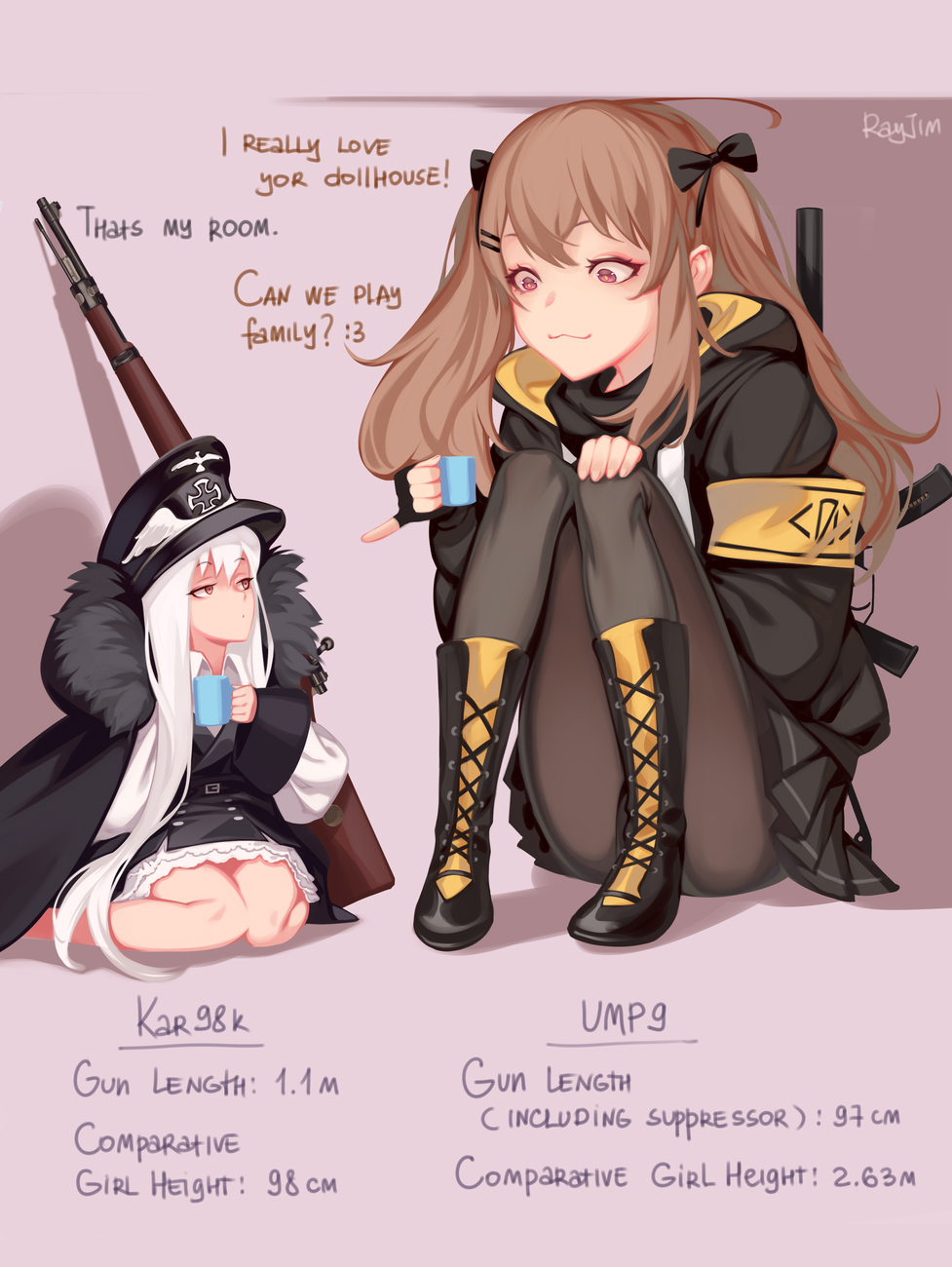 2girls, :3, artist_name, bare_legs, bolt_action, boots, bow, brown_hair, cross, cup, dress, english_text, fur_trim, girls'_frontline, gun, h&amp;k_ump, hair_bow, hair_ornament, hairclip, hat, height, height_difference, highres, hood, hood_down, hoodie, iron_cross, kar98k_(girls'_frontline), knees_to_chest, long_hair, mauser_98, mug, multiple_girls, pantyhose, peaked_cap, pinky_out, ragingcherrypie, red_eyes, rifle, sitting, smile, submachine_gun, ump9_(girls'_frontline), very_long_hair, weapon, white_hair