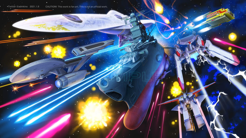 bruenhild_(gin'eiden), commission, crossover, dated, explosion, firing, flying, ginga_eiyuu_densetsu, gundam, highres, kidou_senkan_nadesico, kinoshita_teitoku, missile, mobile_suit_gundam, multiple_crossover, nadesico_(kidou_senkan_nadesico), no_humans, sample_watermark, science_fiction, skeb_commission, space, spacecraft, star_trek, star_trek:_the_original_series, uchuu_senkan_yamato, uss_enterprise_(star_trek), uss_enterprise_ncc-1701, uss_enterprise_ncc-1701-a, vehicle_focus, watermark, white_base, yamato_(uchuu_senkan_yamato), yat_anshin_uchuu_ryokou