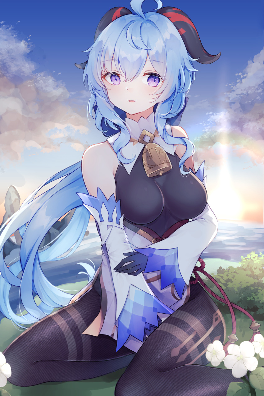 1girl, absurdres, ahoge, armpit_crease, bare_shoulders, bell, between_legs, black_leotard