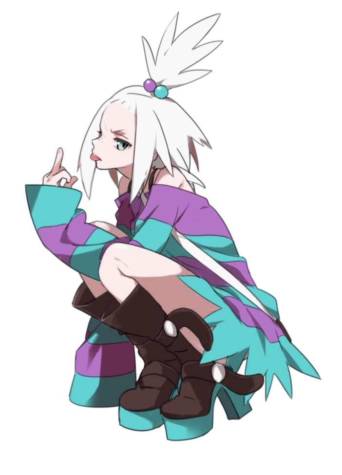 1girl, blue_eyes, boots, bra_strap, dress, forehead, freckles, gym_leader, hair_bobbles, hair_ornament, looking_at_viewer, middle_finger, mura_(lambmam), nintendo, pokemon, pokemon_black_2_and_white_2, roxie_(pokemon), solo, squatting, striped_clothes, striped_dress, tongue, tongue_out, topknot, white_background, white_hair