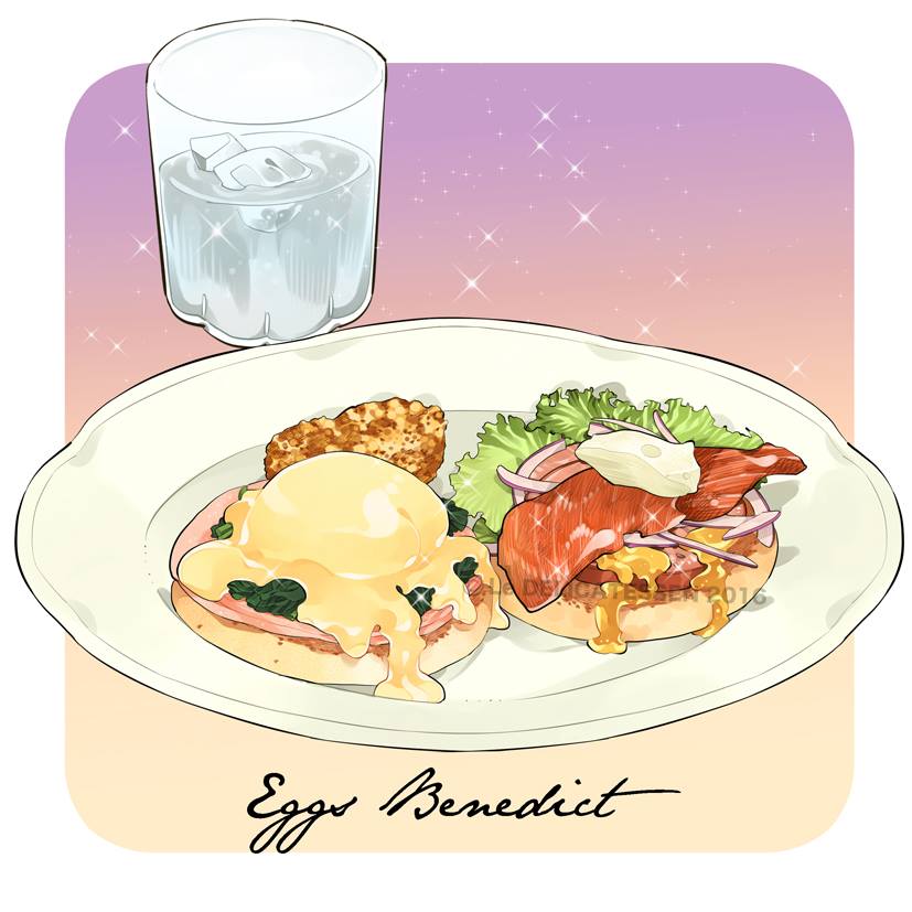 cup, drink, egg, eggs_benedict, english_text, fish, fish_(food), food