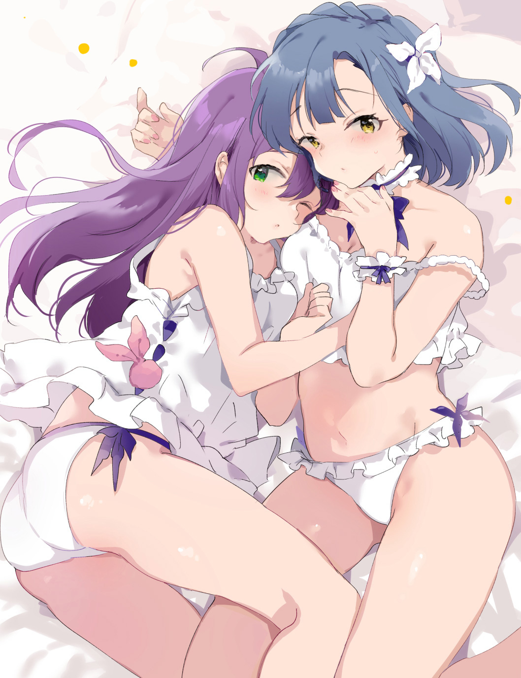 ahoge, armband, bad_id, bad_pixiv_id, bare_legs, bare_shoulders, bed_sheet, blue_hair