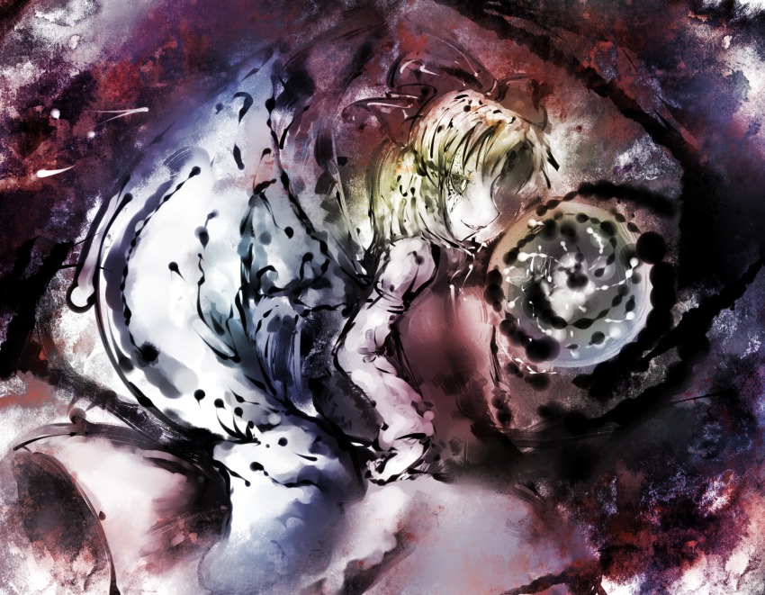 1girl, bad_id, bad_pixiv_id, blonde_hair, bow, demon, female_focus, gengetsu_(touhou)