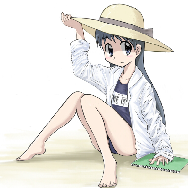 00s, 1girl, bad_id, bad_pixiv_id, barefoot, blue_eyes, blue_hair, child, feet, female_focus, flat_chest, hat, kajiwara_sora, long_hair, machijuu, no_pants, one-piece_swimsuit, open_clothes, open_shirt, school_swimsuit, shirt, sketchbook, sketchbook_full_colors, solo, swimsuit, swimsuit_under_clothes