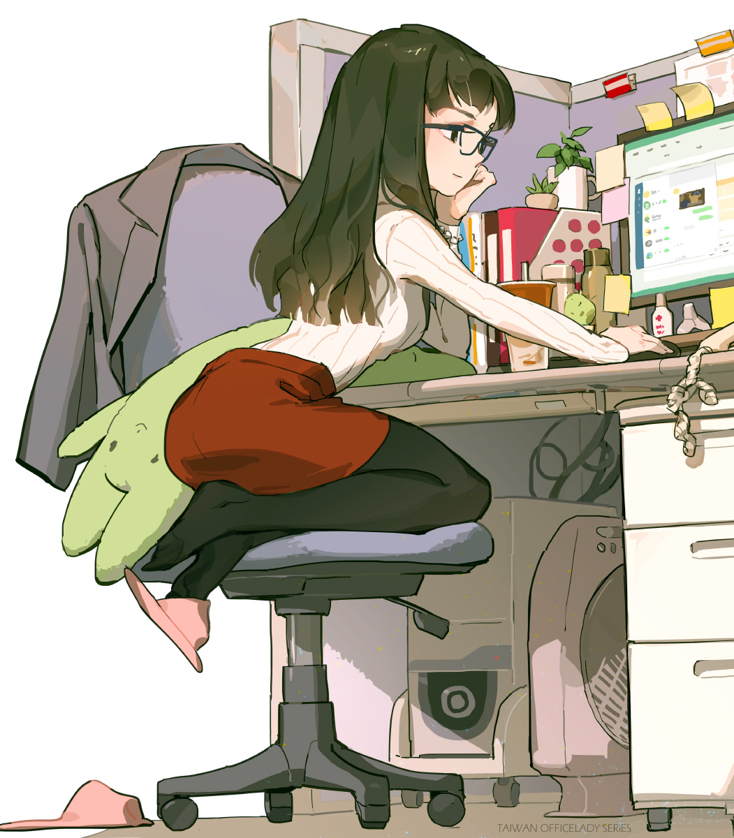 1girl, arm_support, ass, beige_sweater, black_pantyhose, blazer, blunt_ends, book
