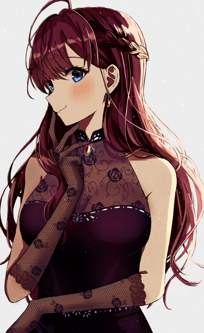 1girl, ahoge, ameen-hera, bare_shoulders, blue_eyes, blush, braid, breasts, brooch, brown_hair, cleavage, crazy_crazy_(idolmaster), dress, earrings, elbow_gloves, finger_to_mouth, floral_print, glint, gloves, half_up_braid, halter_dress, halterneck, highres, ichinose_shiki, idolmaster, idolmaster_cinderella_girls, jewelry, long_hair, looking_at_viewer, medium_breasts, see-through_cleavage, see-through_clothes, sideways_glance, simple_background, smile, solo, upper_body