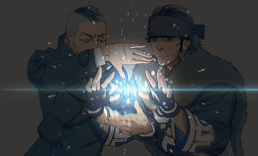 2boys, ainu, ainu_clothes, black_eyes, black_hair, blue_collar, blue_kimono, buttons, collar, collared_coat, couple, dark, facial_hair, finger_frame, fingerless_gloves, gloves, golden_kamuy, hat, heads_together, headband, japanese_clothes, kadokura_(golden_kamuy), kepi, kimono, kirawus_(golden_kamuy), long_sleeves, male_focus, military_hat, mohawk, multiple_boys, old, old_man, open_hands, short_hair, sideburns, simple_background, snowflakes, stubble, sweatdrop, upper_body, w55674570w