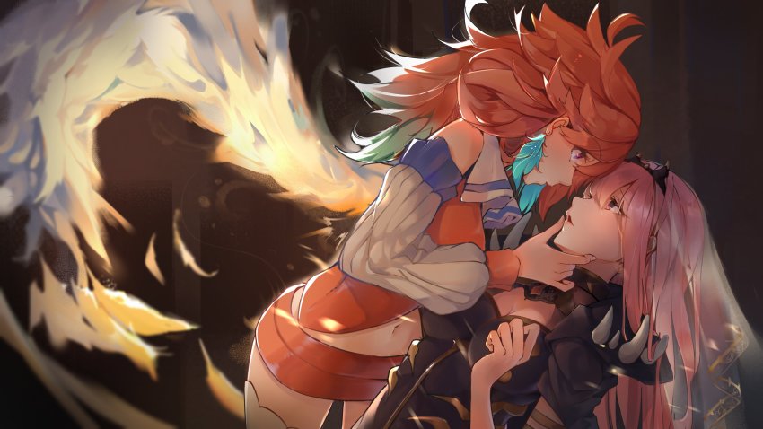 2girls, absurdres, aqua_hair, armor, barrier_mao, black_dress, black_headwear, breasts