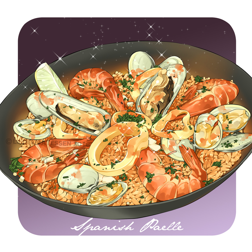 bowl, clam, english_text, food, food_focus, fruit, garnish, gradient_background