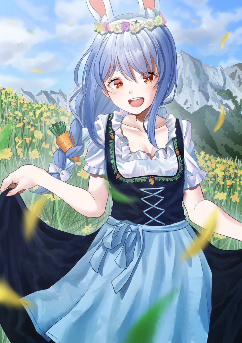 1girl, aboreen, alternate_costume, alternate_hairstyle, animal_ear_fluff, animal_ears, apron, blue_apron, blue_hair, blush, bow, braid, breasts, brown_eyes, cleavage, clothes_pull, dirndl, dress_pull, eyebrows_hidden_by_hair, field, flower, flower_field, flower_wreath, german_clothes, hair_bow, holding_own_dress, hololive, looking_at_viewer, mountain, open_mouth, rabbit_ears, rabbit_girl, short_eyebrows, small_breasts, smile, solo, the_sound_of_music, usada_pekora, virtual_youtuber