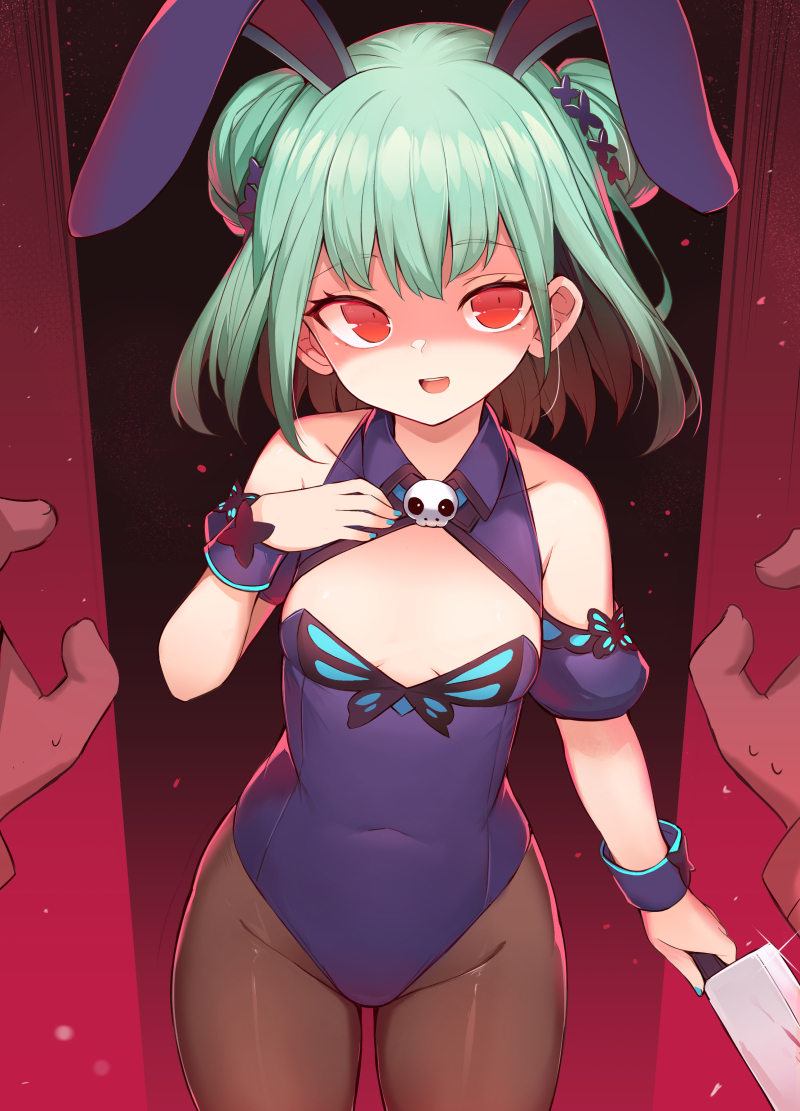 1girl, 1other, animal_ears, arm_up, black_pantyhose, blue_leotard, breasts, cleavage_cutout, clothing_cutout, covered_navel, dark-skinned_male, dark_skin, double_bun, empty_eyes, green_hair, groin, hair_bun, hand_on_own_chest, hatchet, hololive, leotard, looking_back, mou_tama_maru, nail_polish, open_mouth, pantyhose, playboy_bunny, pov, rabbit_ears, red_eyes, shaded_face, short_hair, skull_collar, small_breasts, smile, thighs, uruha_rushia, uruha_rushia_(1st_costume), virtual_youtuber, wrist_cuffs, yandere