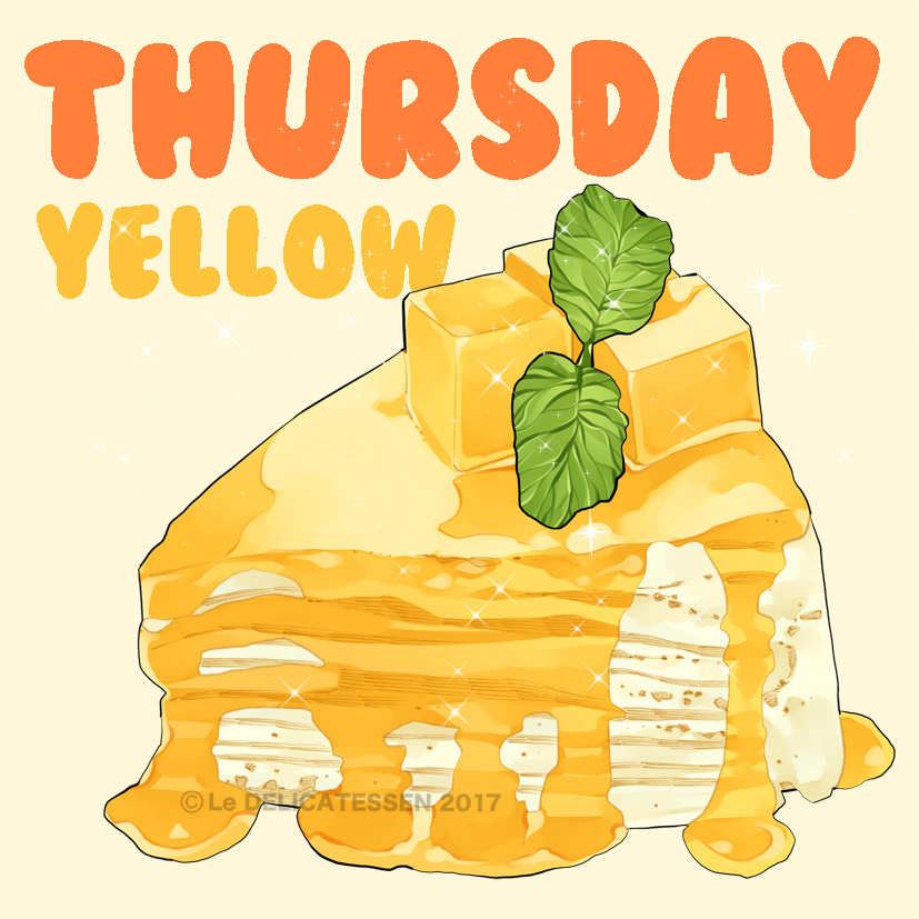 cake, crepe, crepe_cake, dessert, english_text, food, food_focus, fruit, garnish, le_delicatessen, leaf, mango, no_humans, original, pastry, simple_background, sparkle, still_life, yellow_background