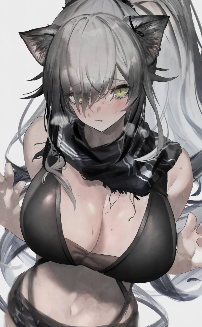 1girl, absurdres, animal_ears, arknights, black_shirt, blouse, blush, breasts