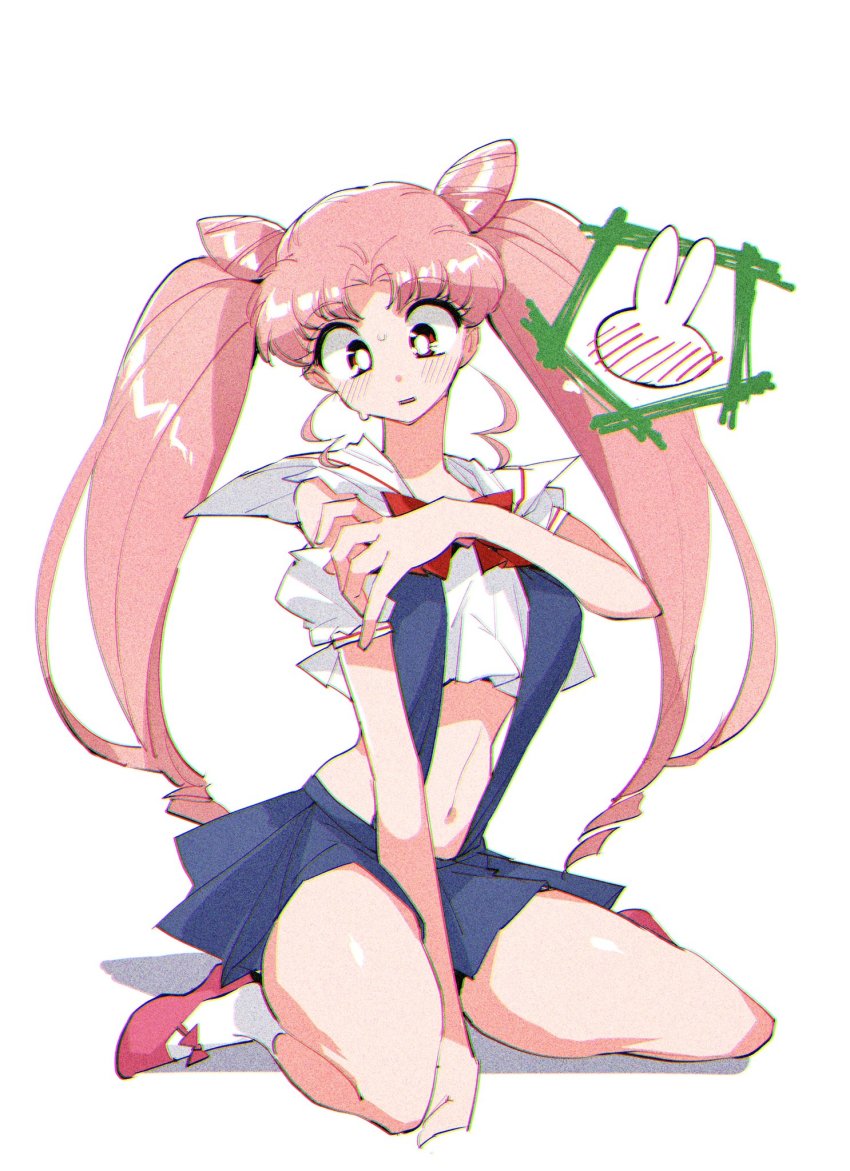 1990s_(style), 1girl, aged_up, alternate_costume, arm_strap, bishoujo_senshi_sailor_moon, bishoujo_senshi_sailor_moon_supers, blue_skirt, blush, bright_pupils, chibi_usa, cone_hair_bun, embarrassed, hair_bun, highres, kneeling, long_twintails, looking_down, midriff, navel, pink_hair, pochi_(askas_is_god), red_eyes, retro_artstyle, sailor_collar, school_uniform, sitting, skirt, solo, surprised, suspender_skirt, suspenders, sweatdrop, twintails, white_background, white_pupils