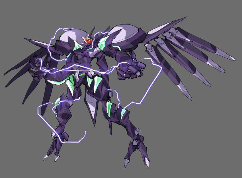 absurdres, electricity, grey_background, highres, looking_up, mark_nicht, mecha, mechanical_wings, no_humans, open_hands, pochi_(askas_is_god), robot, science_fiction, solo, soukyuu_no_fafner, standing, visor, wings