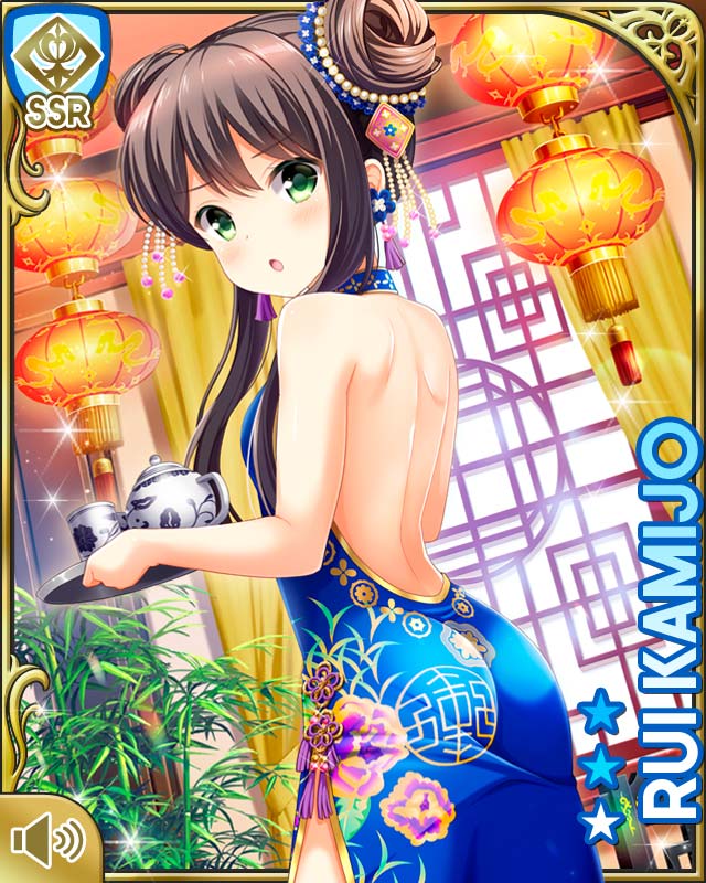 1girl, :o, backless_dress, backless_outfit, black_hair, blue_dress, breasts, card_(medium)