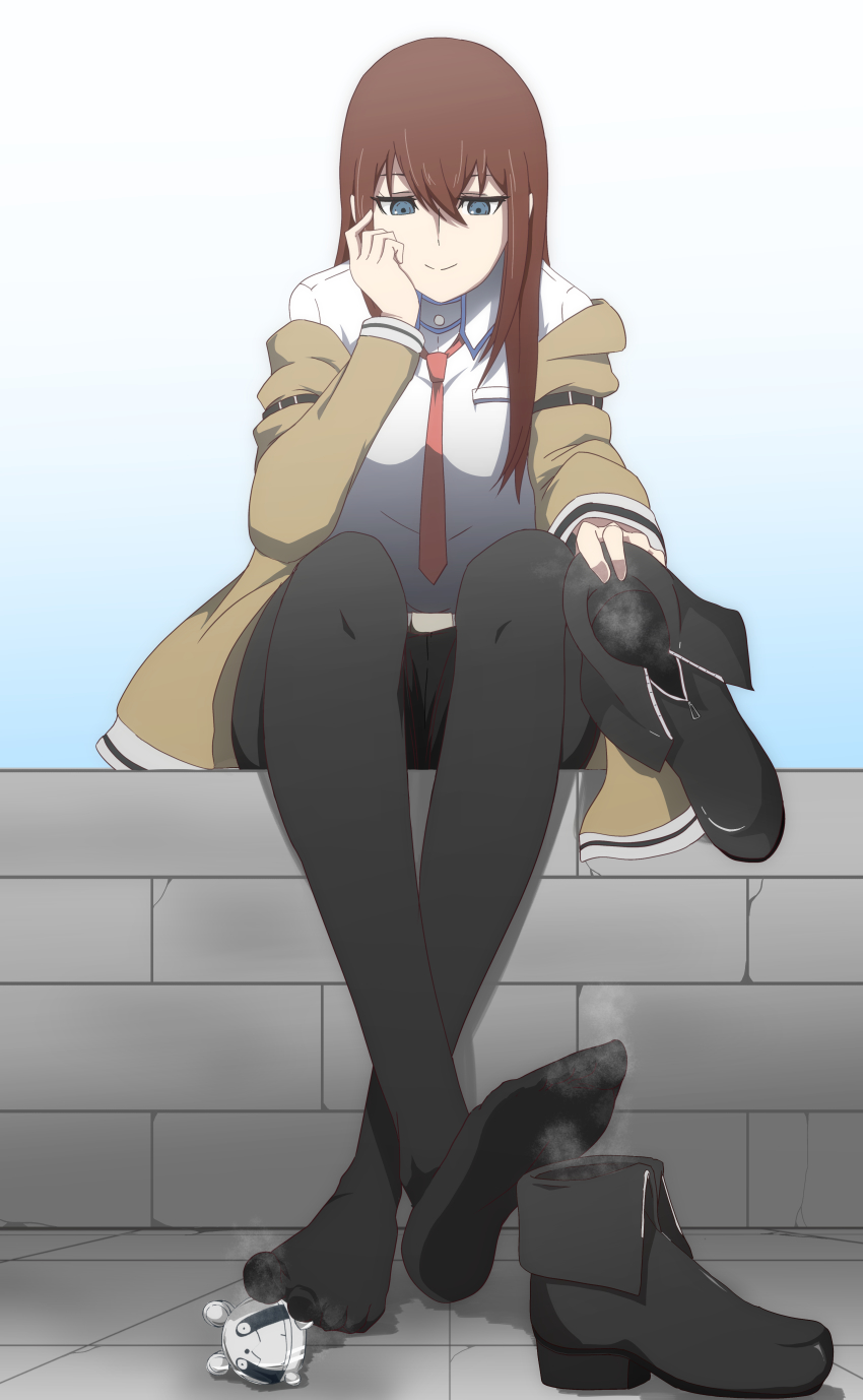 1girl, absurdres, ankle_boots, black_legwear, blue_eyes, boots, feet, highres, long_hair, makise_kurisu, necktie, red_hair, science_adventure, shoes, sitting, smell, smile, soles, steam, steins;gate, unworn_shoes, upa_(steins;gate), zerozero