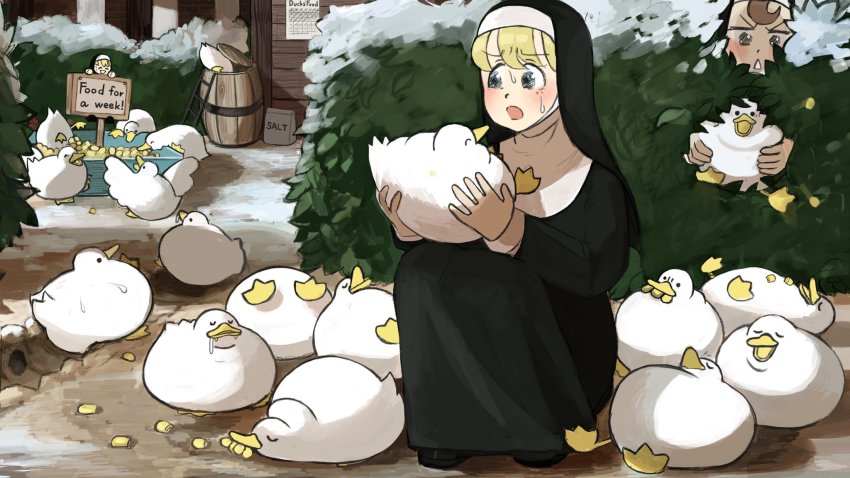 2girls, ^_^, animal, animal_on_hand, bag, barrel, bird, blonde_hair