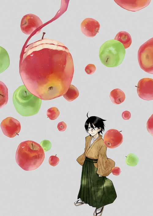 00s, 1boy, apple, apple_peel, black_hair, food, fruit, glasses